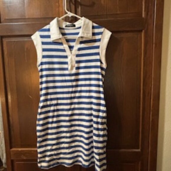 Blue and White Striped MEROKEETY Polo Shirt - Picture 1 of 3